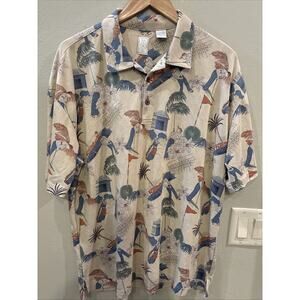 Burma Bibas Men's Vintage Polo Golf Motif Short Sleeve Beige Multicolor Shirt